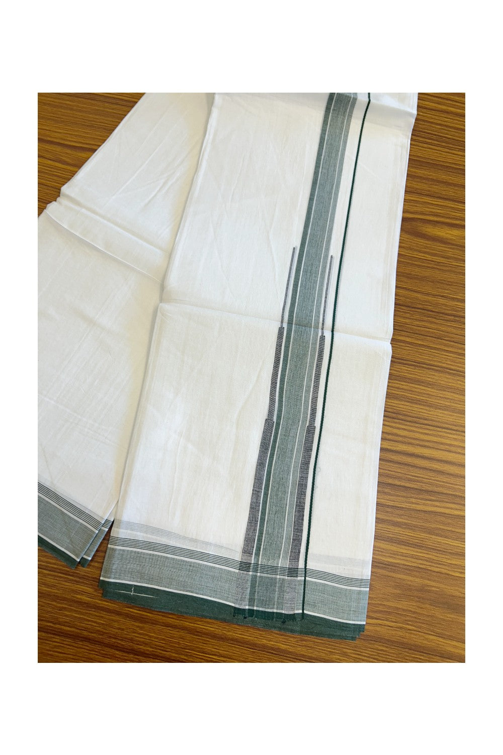 20% DISCOUNT!! Kaitharikada Balaramapuram 100% Cotton PURE WHITE Double Mundu/Dothi-80X90 - 1.75 Inch Green & Black Striped Chutty Kara 3.70m (8 Muzham) - 48KK5115THI