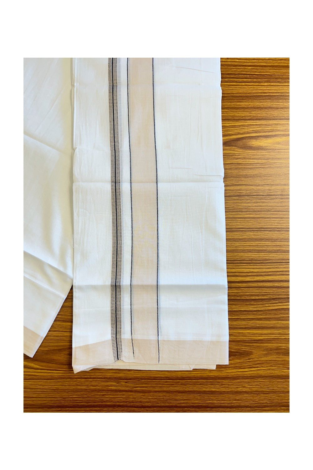 21% DISCOUNT!! Kaitharikada Balaramapuram 100% Cotton Ultra WHITE Double Mundu/Dothi-100x80  2.75 Inch CREAM & BLACK Striped Cotton Kara -29KK73VAS.