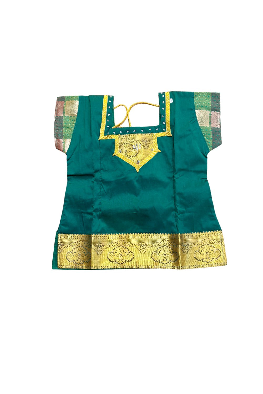 Midukki-Traditional South Indian Kids Pattu Pavada- Green top Green skirt with emboss jerry work- Age 6 - KK6MID0029