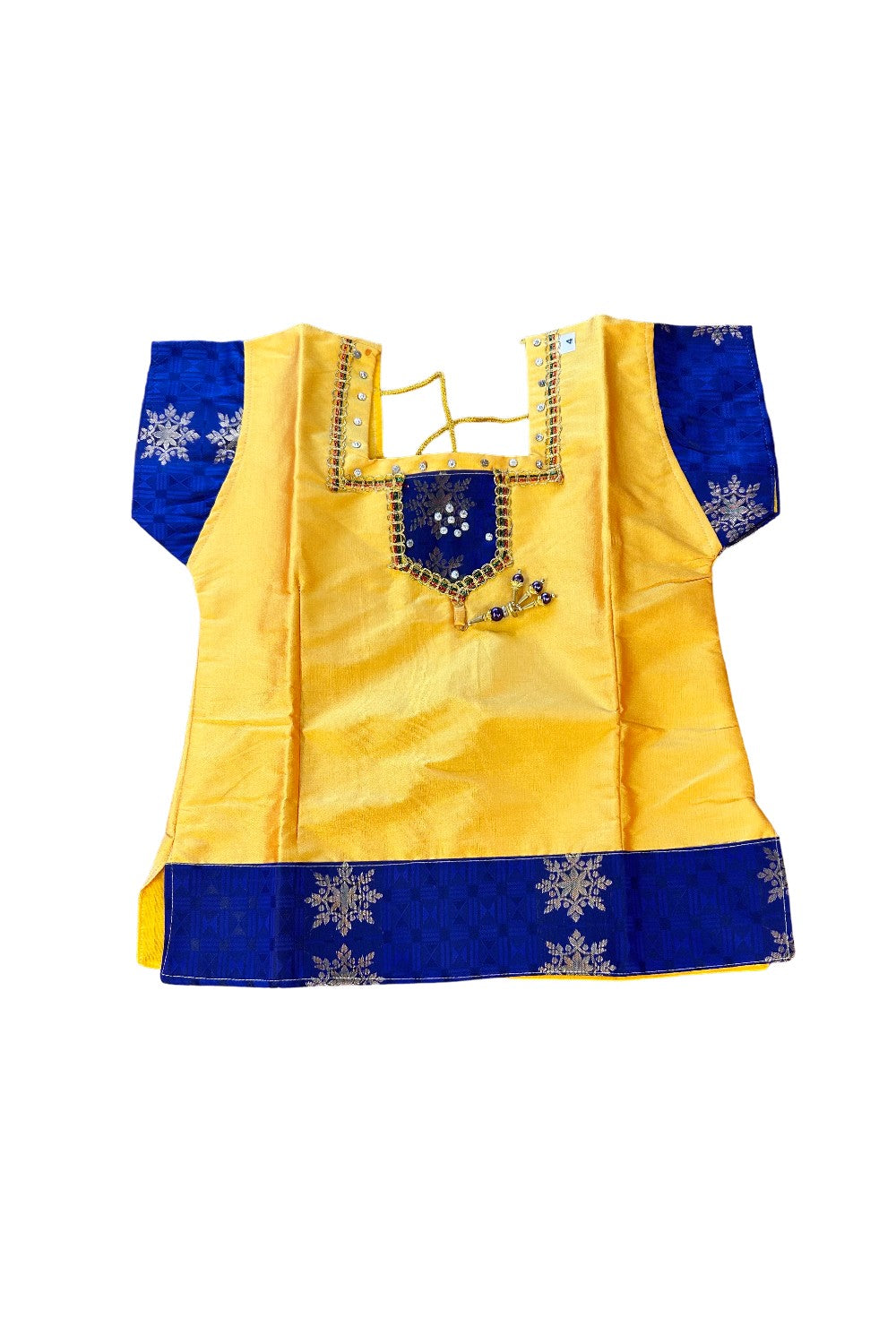 Midukki-Traditional South Indian Kids Pattu Pavada- Yellow top dark blue skirt with emboss jerry work- Age 4 - KK4MID0029