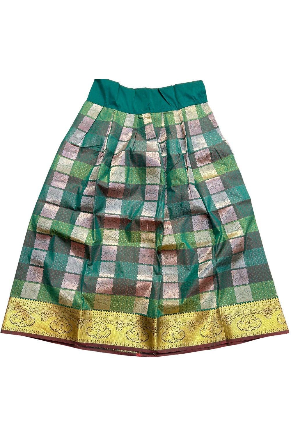 Midukki-Traditional South Indian Kids Pattu Pavada- Green top Green skirt with emboss jerry work- Age 6 - KK6MID0029