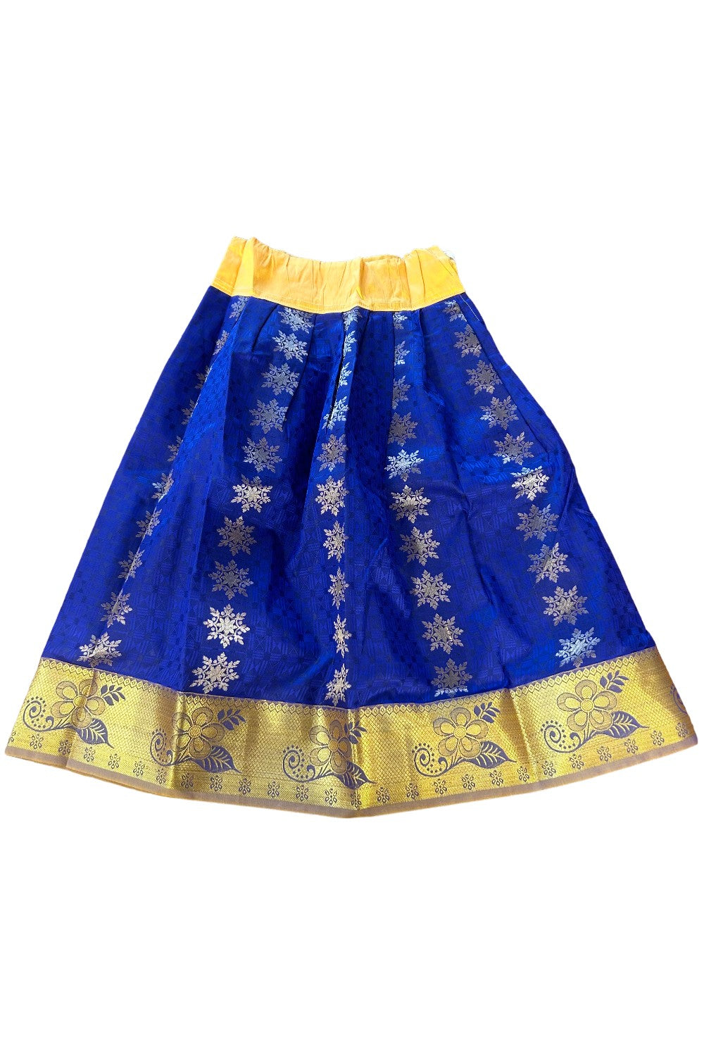 Midukki-Traditional South Indian Kids Pattu Pavada- Yellow top dark blue skirt with emboss jerry work- Age 4 - KK4MID0029