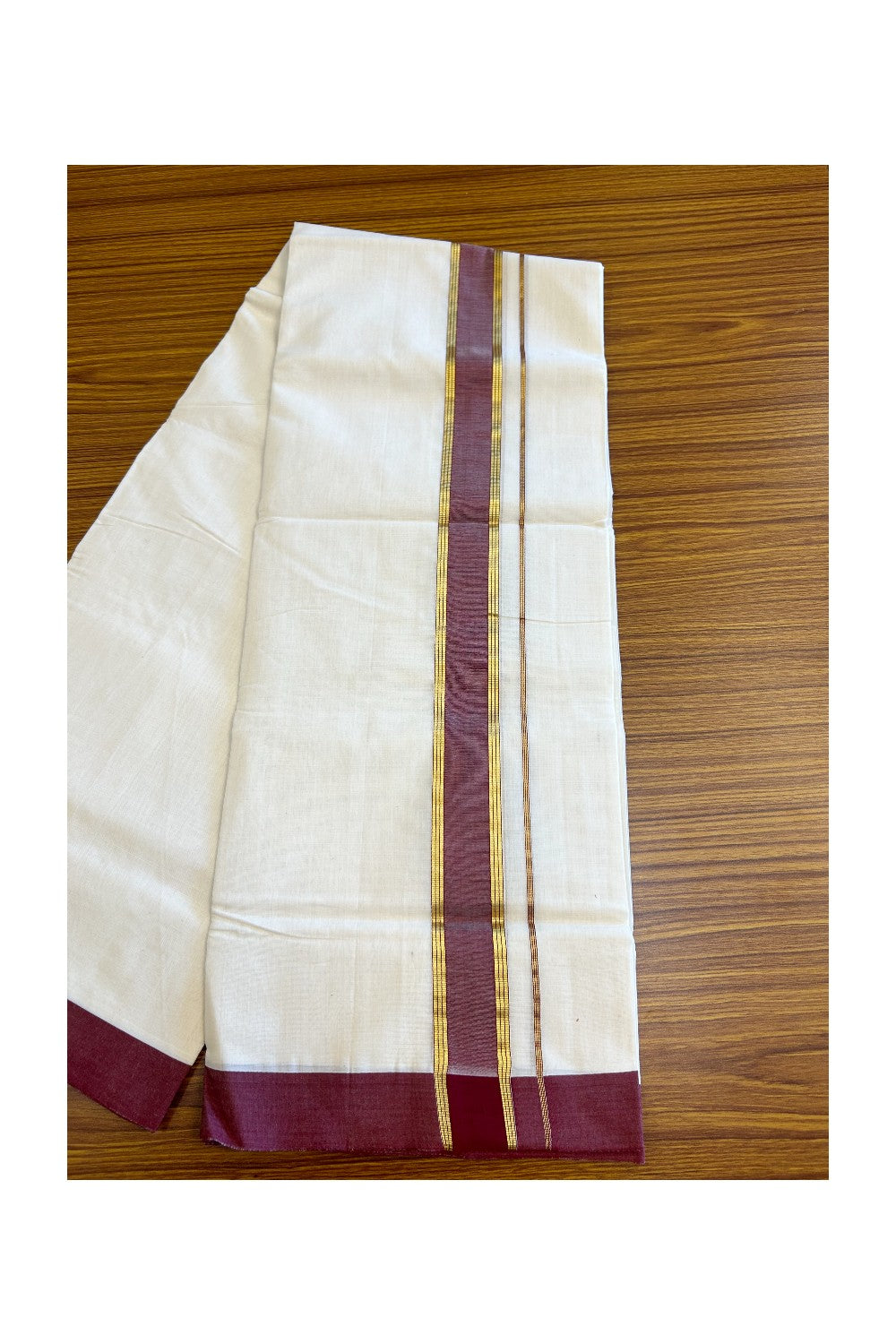 21% Discount KaithariKada HANDLOOM Unakkupaavu Balaramapuram - 100% PURE Cotton Off White (Unbleached) Double Mundu/Dhoti - 2.25 inch Kasavu & Vine Red-206