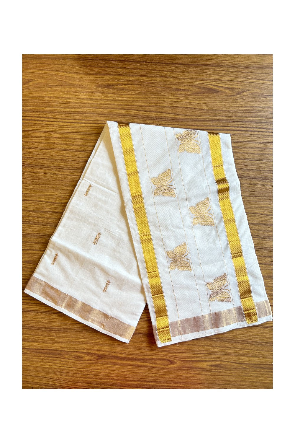 25% Discount! Kaitharikada Kerala Cotton Saree Off white - 12 inch Kasavu Saree with Butterfly Pattern putta Design - 3KK1003HAR