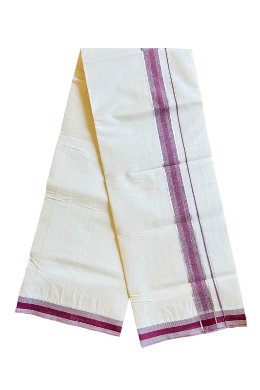 18% DISCOUNT!!! KaithariKada Balaramapuram 100%  Cotton off white Double  Mundu/Dhoti - 100X100  Silver & Maroon stripes kara - 3KK401VIN