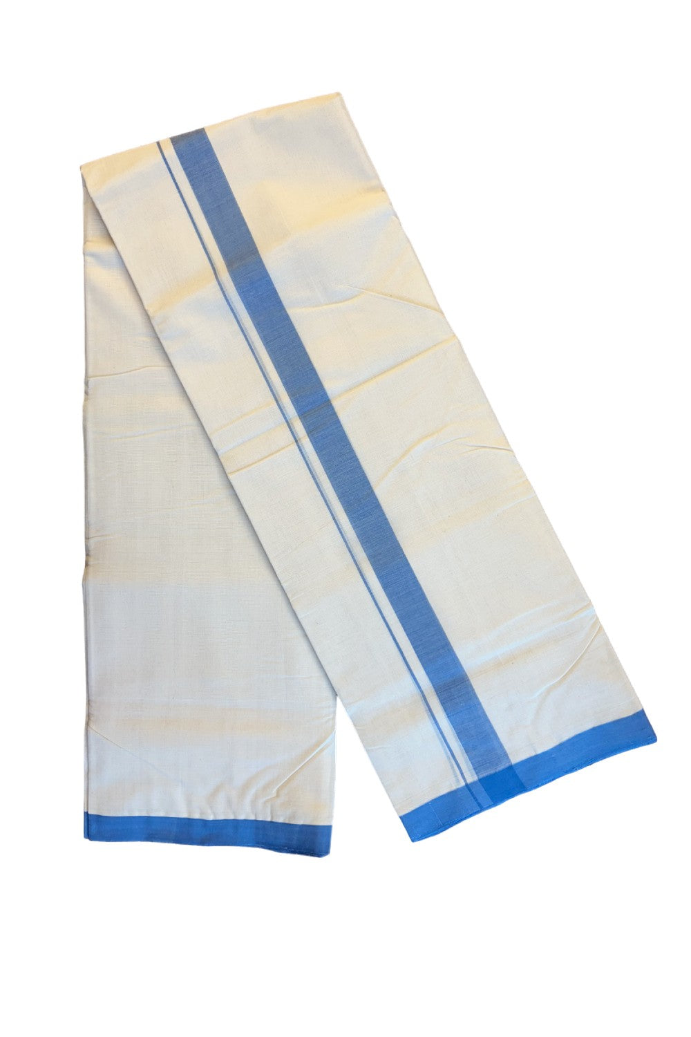 20% DISCOUNT!! KaithariKada HANDLOOM millpaav Balaramapuram - 100% PURE Cotton OFF White (Unbleached) Double Mundu/Dothi - 1.5 inch Blue Mulloth Kara 3.75 Meters (8 Muzham) - 3KK409RAM