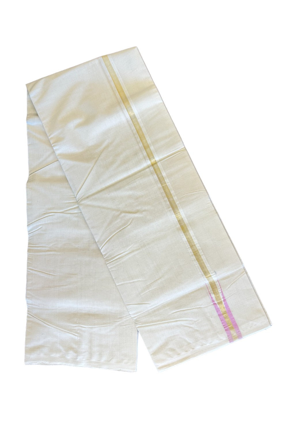 21% DISCOUNT!! KaithariKada HANDLOOM Millpaav Balaramapuram - 100% PURE Cotton OFF White - (Unbleached) Double Mundu/Dothi - Puliyilakkara chutty Lavender Pink & Kasavu Kara- 3KK410SOM