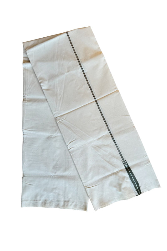 22% DISCOUNT ! KaithariKada Balaramapuram 100%  COTTON SINGLE OFF WHITE Mundu/Dhoti-100X100-  0.5 Inch Silver & Olive Green Chutty- 3KK411ASH