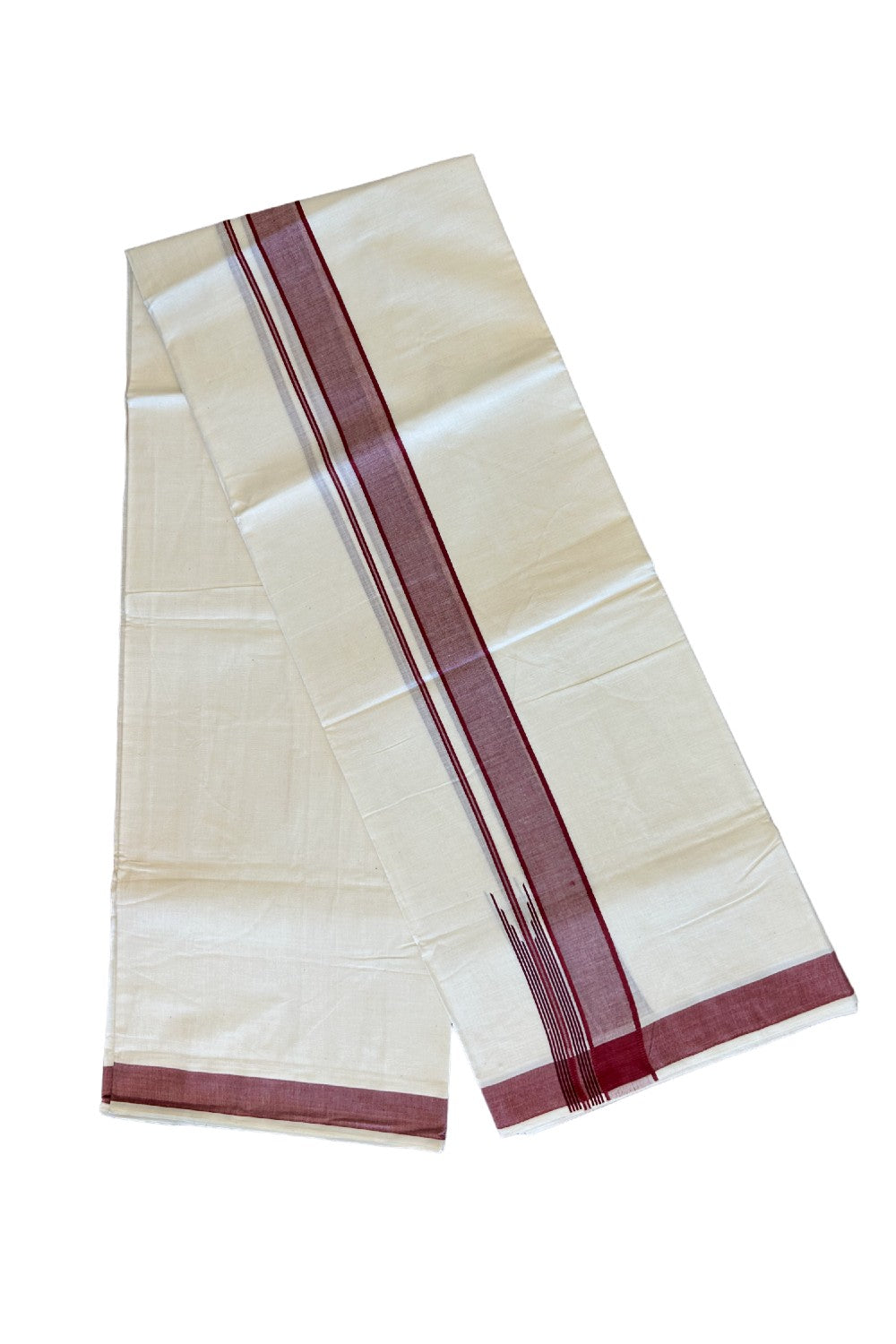 ONAM OFFER 22%! KaithariKada Exclusive 100% PREMIUM Cotton OFF WHITE (Unbleached) Double Dhoti/Mundu- Cotton Maroon Kara Printed Striped Chutty - 3KK426MC