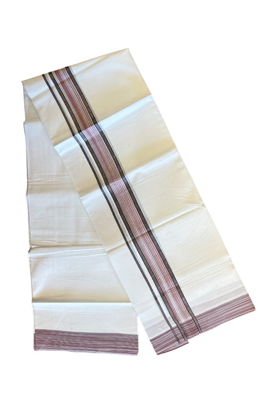 14% DISCOUNT!! Kaitharikada Balaramapuram 100% Cotton Ultra WHITE Double Mundu/Dothi-100x90  2.5 Inch  Silver kasavu Brick red & white shaded kara with black stripes - 3KK430VAS