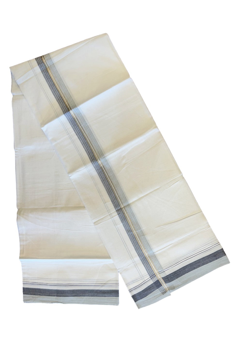 28% DISCOUNT!!! KaithariKada Balaramapuram 100% Cotton PURE white Double Mundu/Dhoti-100x90   2 Inch Silver kasavu Ash Gray & Navy blue shaded stripes kara  - 3KK448VIN