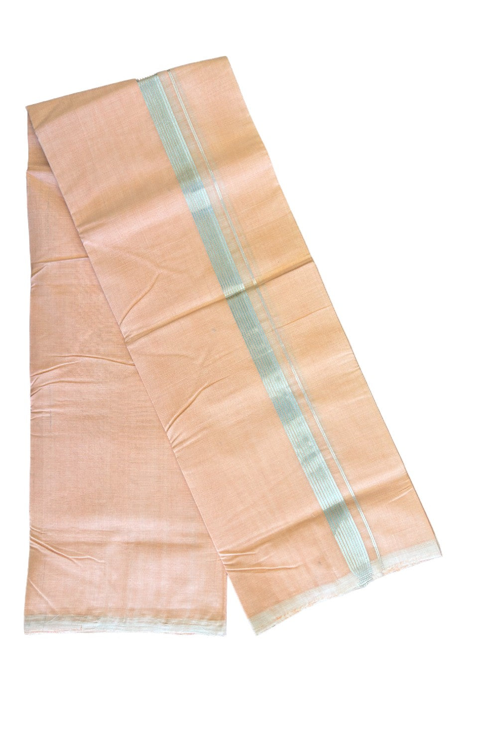 26% Discount! KaithariKada Handloom 100% Cotton Double Mundu/Dhoti - Light Orange Colour Body & Silver Striped 1.5inch Kara - 3KK452SOM