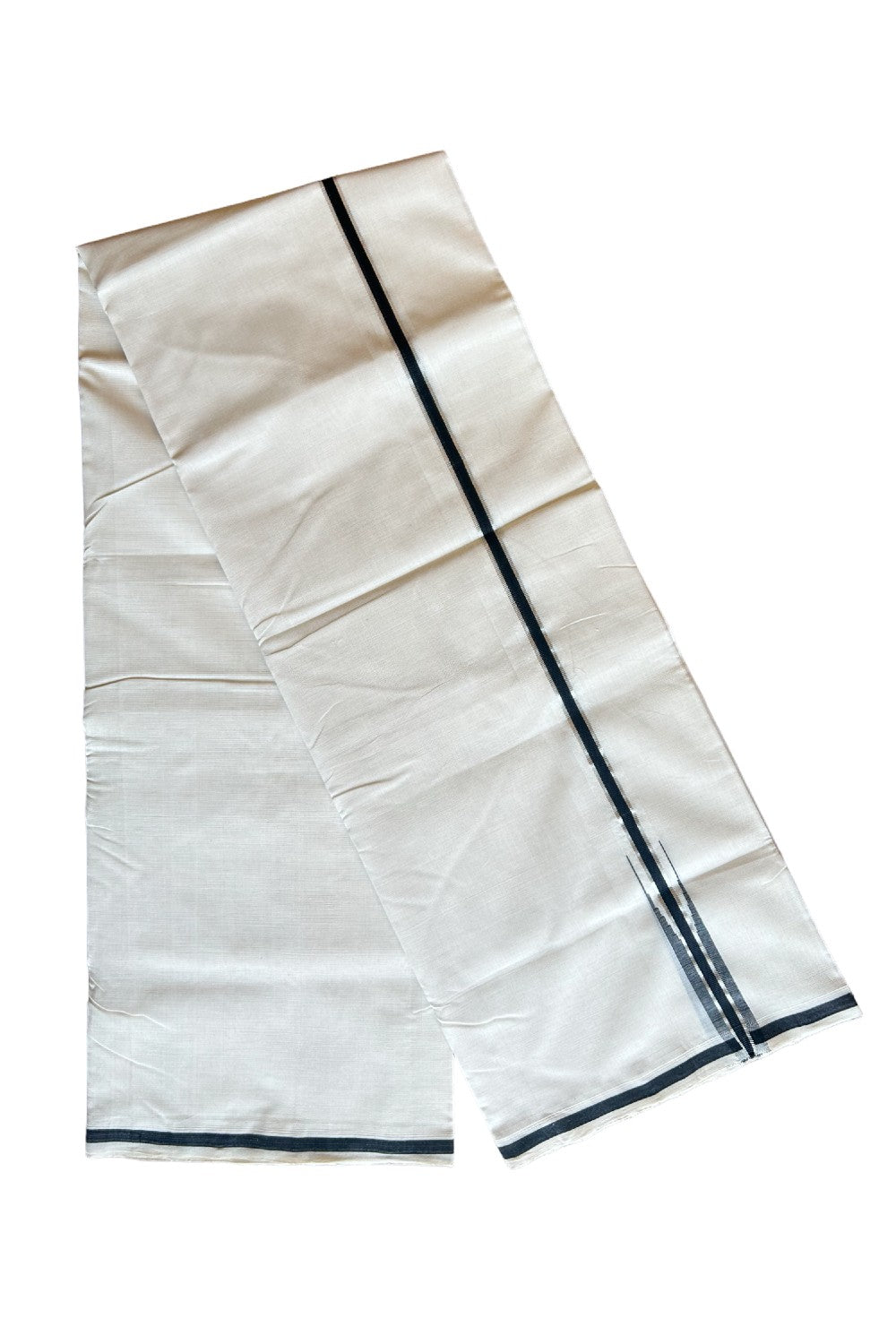 17% DISCOUNT!! KaithariKada HANDLOOM UNAKKUPAAV Balaramapuram - 100% PURE Cotton OFF White (Unbleached) Double Mundu/Dothi - 2.5 cm Puliyilakkara Silver kasavu Black chutty - 3KK462RAM