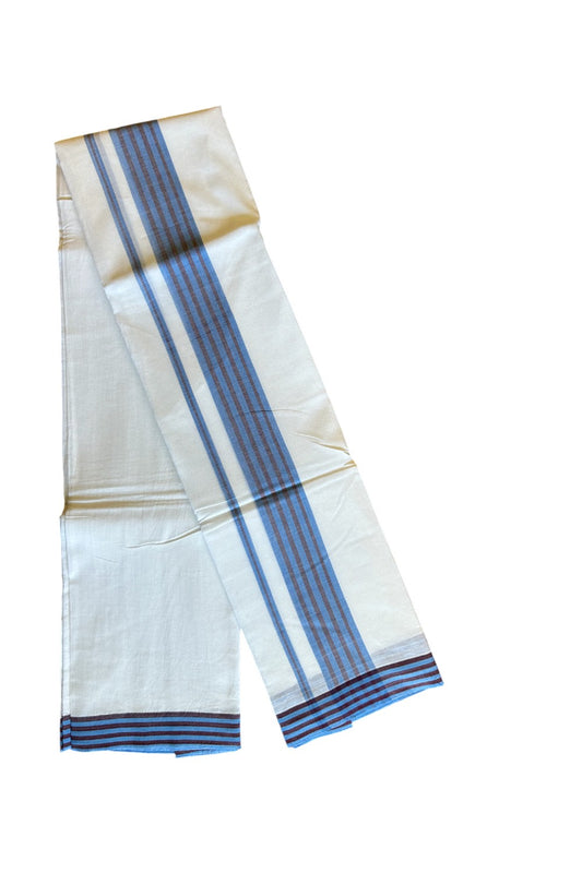 29% DISCOUNT! KaithariKada Balaramapuram 100% Cotton Ultra WHITE Double Mundu/Dhoti-100x100 2.75 inch Blue & Brown Stripes Cotton kara 3.70m- 3KK493RAM