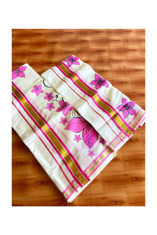 22% Discount!! KaithariKada - Kerala Cotton Single Set Mundu - Kasavu Kara with Pink Flower Design - 3KK495VIN