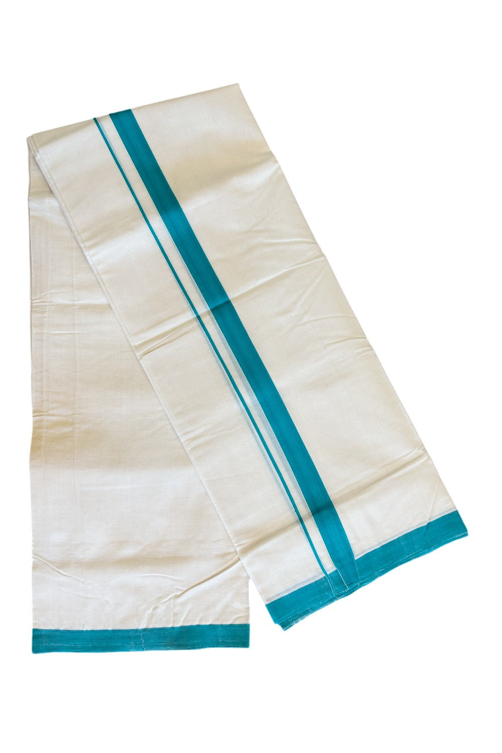 20% DISCOUNT!! KaithariKada HANDLOOM UNAKKUPAAV Balaramapuram - 100% PURE Cotton OFF White  - (Unbleached) Double Mundu/Dothi - 1.75 Inch Green  Mulloth Kara - 3KK498KK