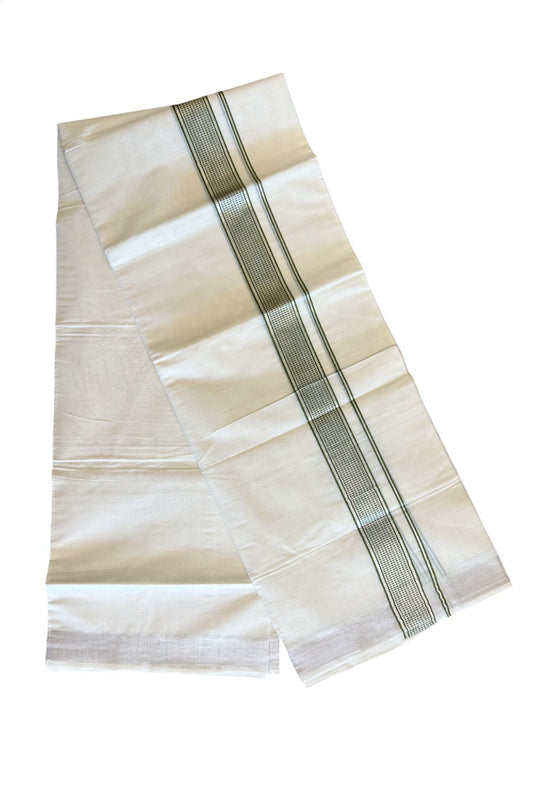 KaithariKada Balaramapuram 100% Cotton Double Off white Mundu/Dhoti-100X100- 2 inch SILVER  KASAVU & Light Green Kara - 3KK5001GAN