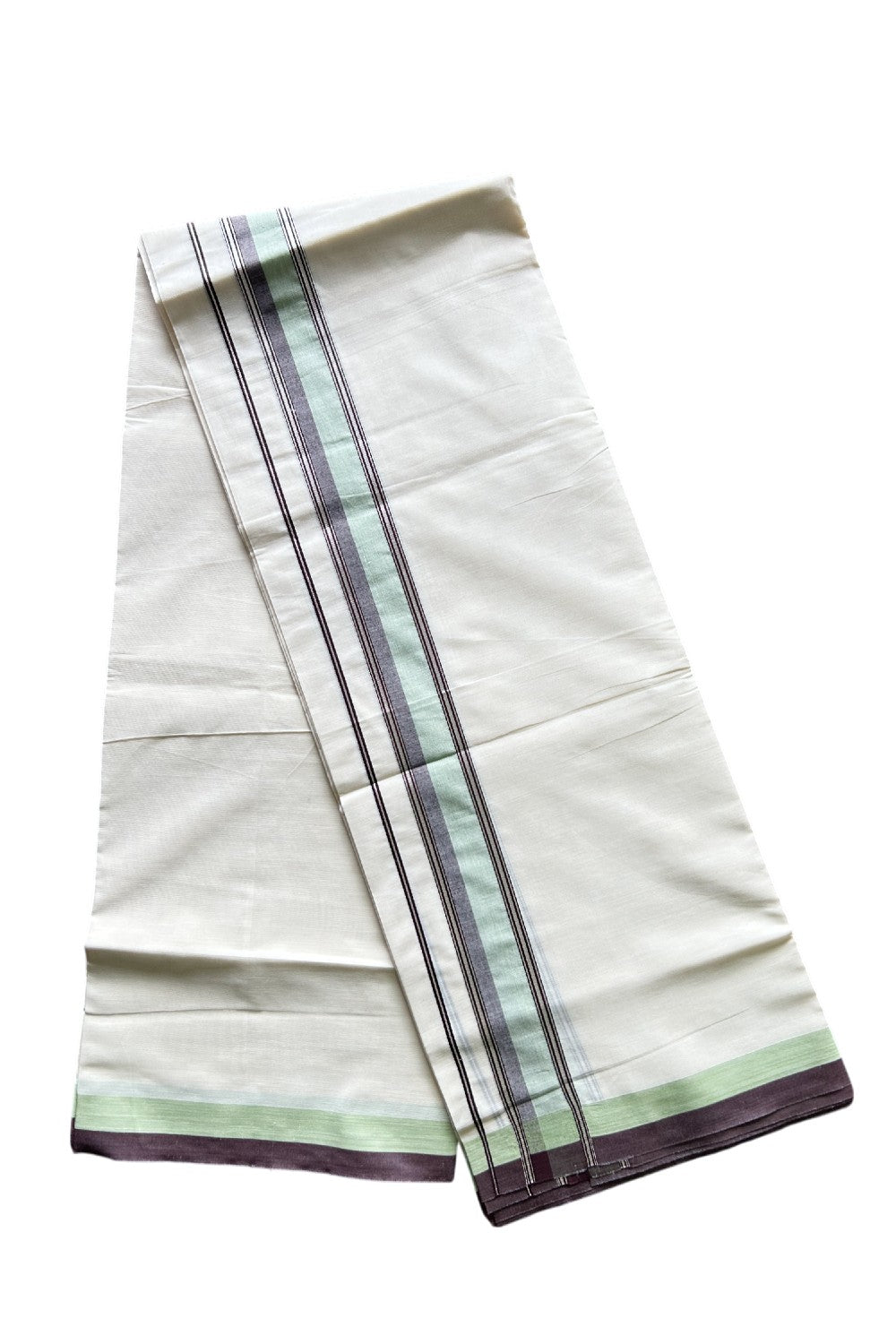 KaithariKada Balaramapuram 100% Cotton off white - (Unbleached) Double Mundu/Dhoti - 100X100 Brown Green & Silver Striped kara - 3KK5003PMC