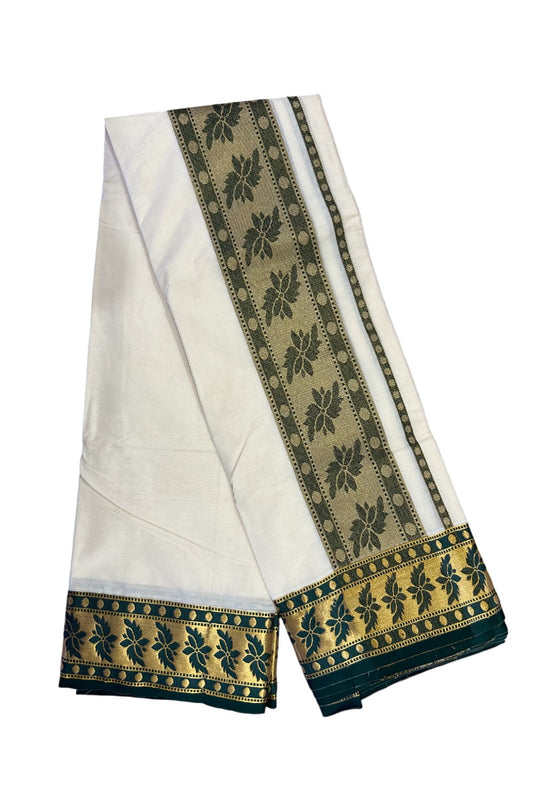 36% DISCOUNT! KaithariKada Cotton Mix Off White - (Unbleached) 80x80 thread - 80% Cotton & 20 % Polyester-  NORTH INDIAN - ATTACHED GAMCHA 9X5 Dhoti 5.5 inch Green kara with Green & Kasavu Design border - 3KK5005PMC