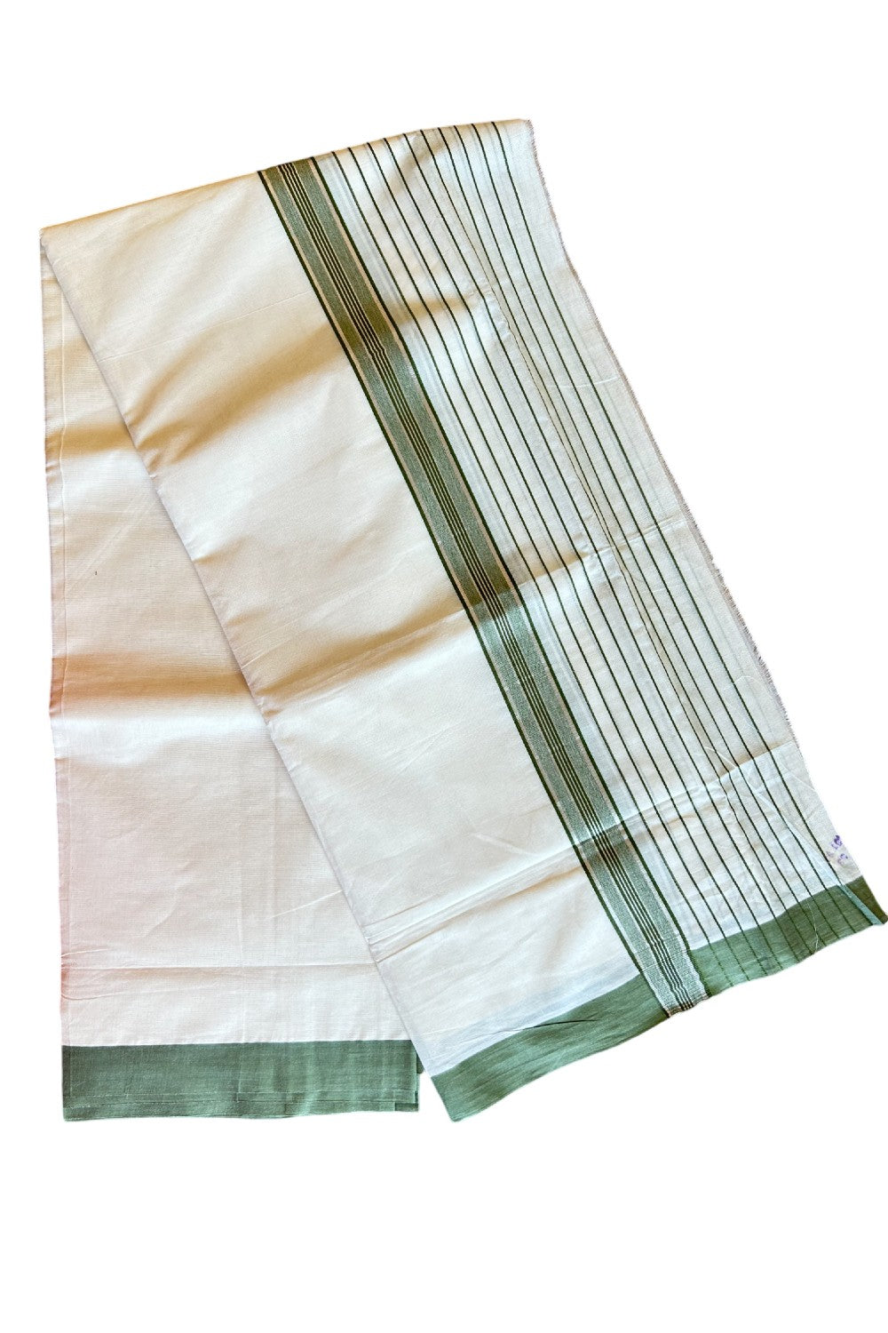 28% Discount !! KaithariKada Balaramapuram Double Off white Mundu/Dhoti- 80x90- 7 inch Sage Green & Silver Striped kara 3.92m- 3KK5006PMC