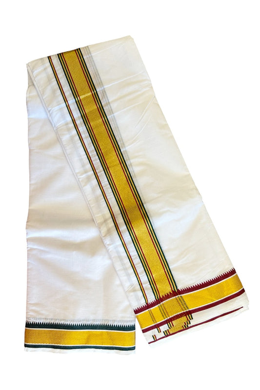 15% DISCOUNT! KaithariKada  Cotton Mix  PURE White - 80X80 thread - 80% Cotton & 20% Polyester - NORTH INDIAN - ATTACHED GAMCHA - 10x6 Dhoti- 80x60 - Gold Kasavu Green & Red Stripes kara with Green Red Kasavu Border - 3KK5008PMC