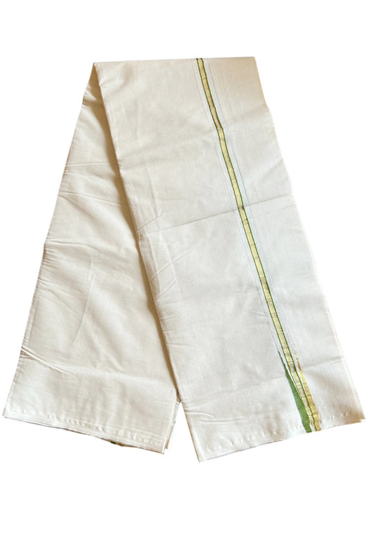 21% DISCOUNT! KaithariKada Balaramapuram 100% Cotton Double Off white Mundu/Dhoti-100x100 KASAVU & Green Chutty Puliyilakkara - 3KK5024ASH