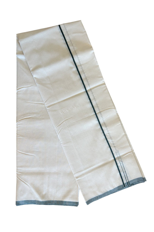 SIGNATURE KAITHARIKADA EXCLUSIVE SINGLE DHOTI - 30% Discount! 100% Cotton Balaramapuram HANDLOOM Single Mundu/Dhoti - Off White - (Unbleached) 0.25 Inch GREEN & SILVER KASAVU Chutty Kara (2 meter / 4 muzham) - 3KK502KK