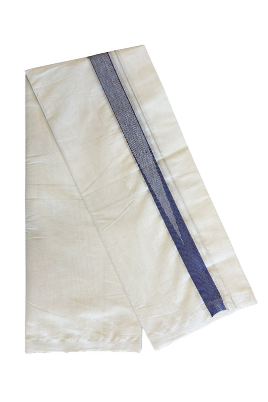 5% Discount!!! KaithariKada Balaramapuram  Double Off white - (Unbleached) Mundu/Dhoti - 80X90 - 2.5 inch Silver kasavu Violet Indigo heavy chutty - 3KK5037KAI