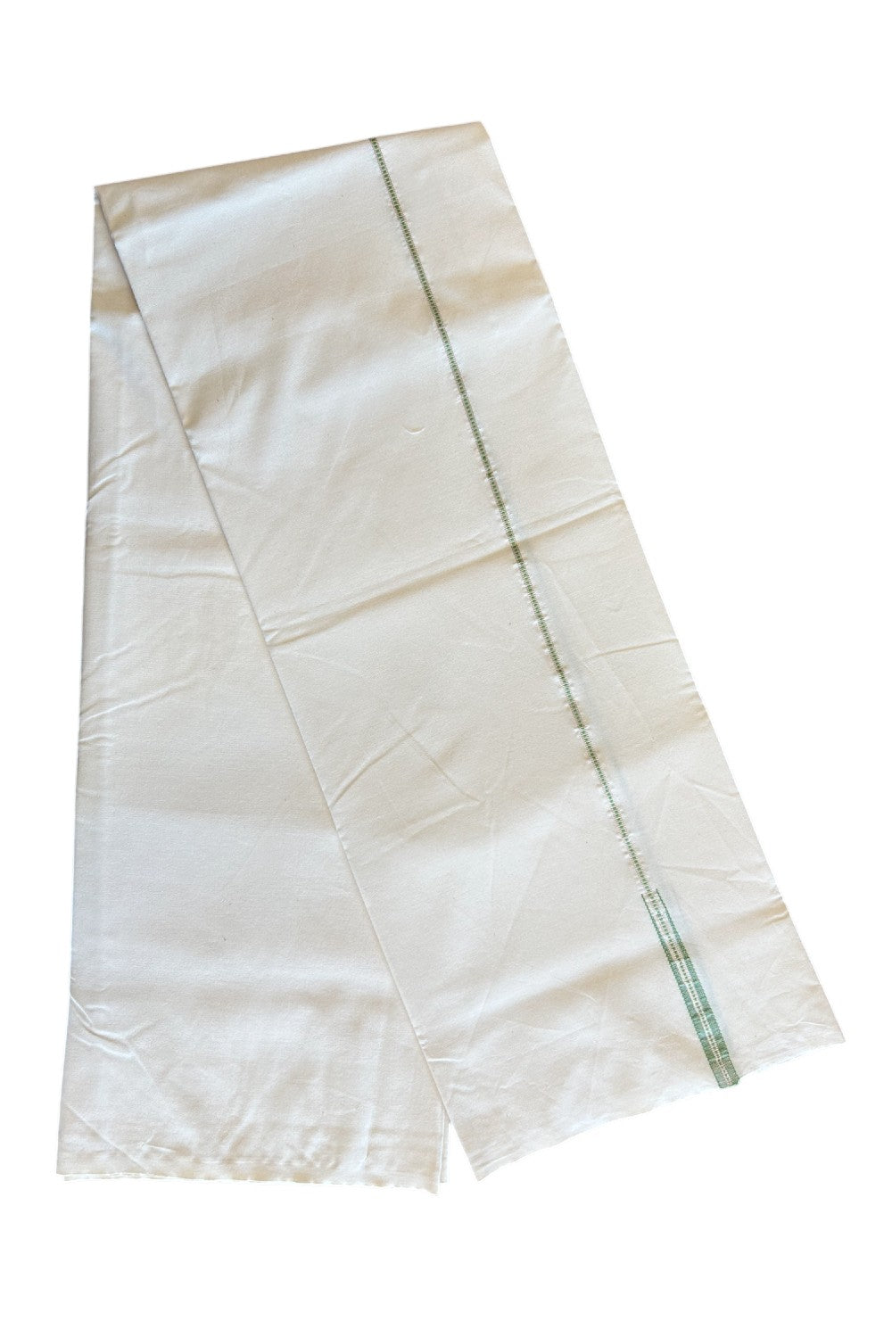 KaithariKada Balaramapuram 100% Cotton Single Off white - (Unbleached) Mundu/Dhoti-100x100 1.cm Muthukuri Silver Kasavu &  Light Green Puliyilakkara Chutty Kara - 3KK5039ASH