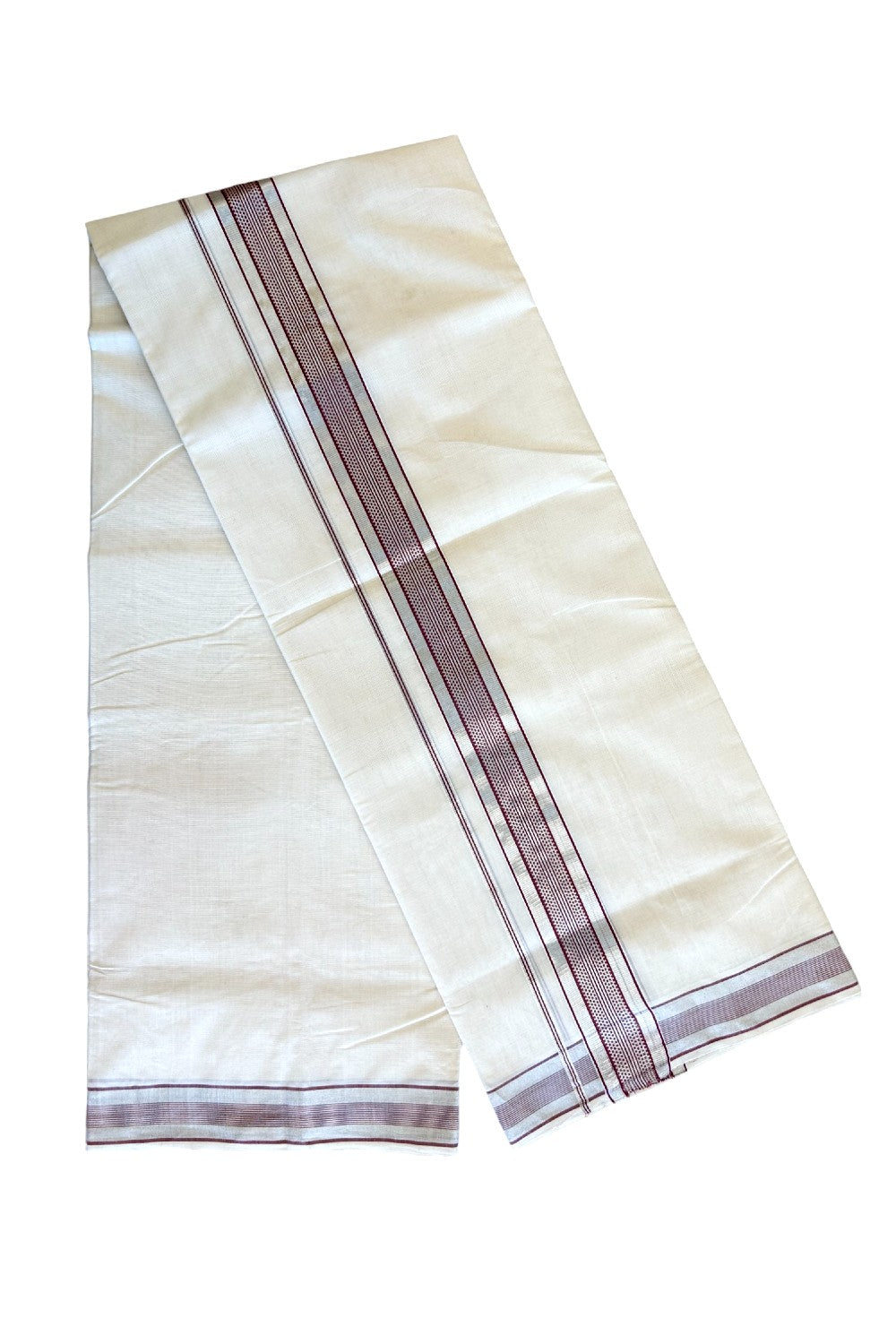 21% DISCOUNT!! KaithariKada HANDLOOM Millpaav Balaramapuram - 100% PURE Cotton OFF White Double Mundu/Dothi - 2.5 inch MAROON & Silver stripes kara - 3KK503RAM