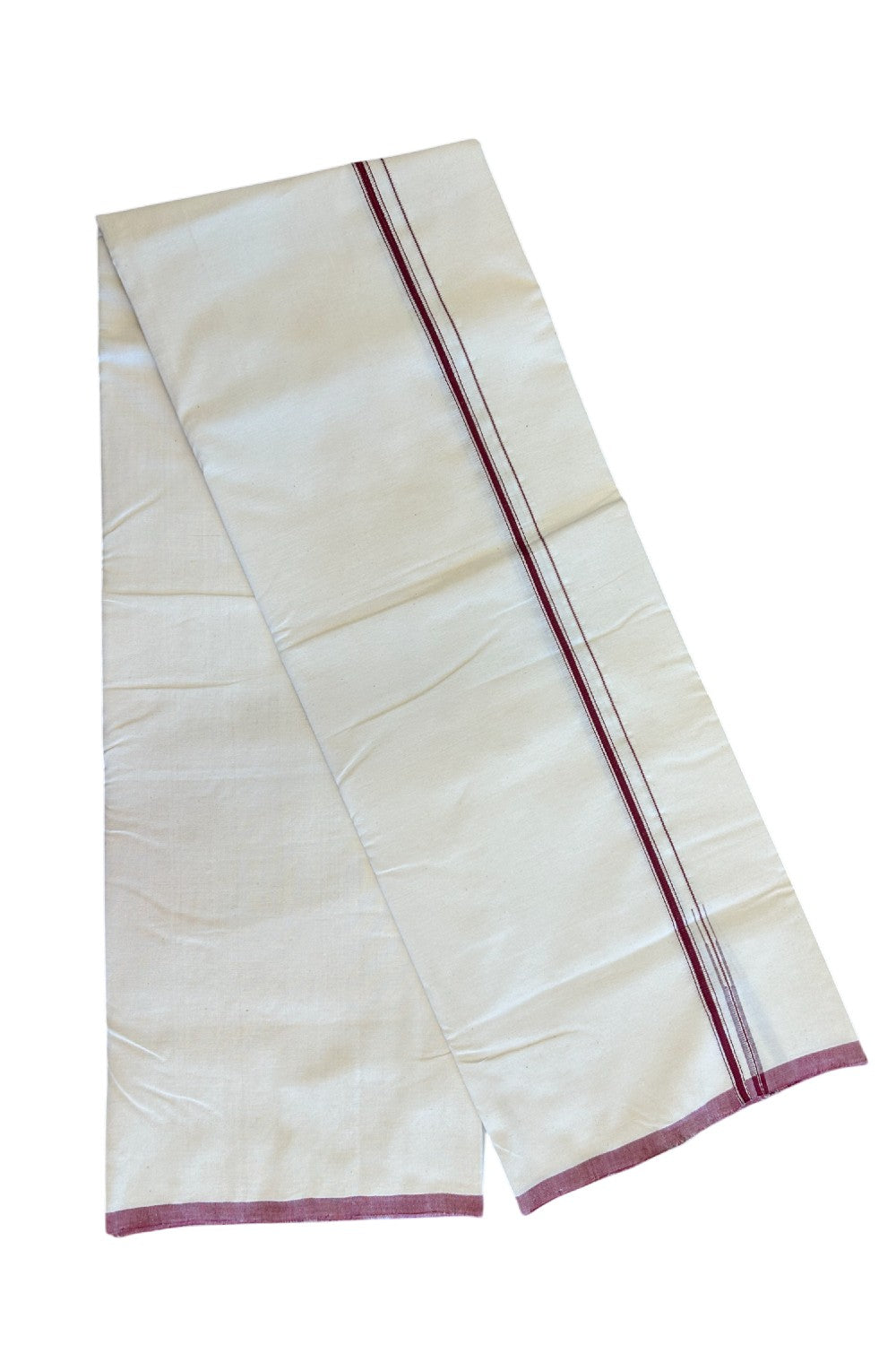 SIGNATURE KAITHARIKADA EXCLUSIVE SINGLE DHOTI - 100% Cotton Balaramapuram HANDLOOM Single Mundu/Dhoti - Off White - (Unbleached) 1 cm Maroon & Silver Striped KASAVU Chutty Kara - 3KK5040KAI