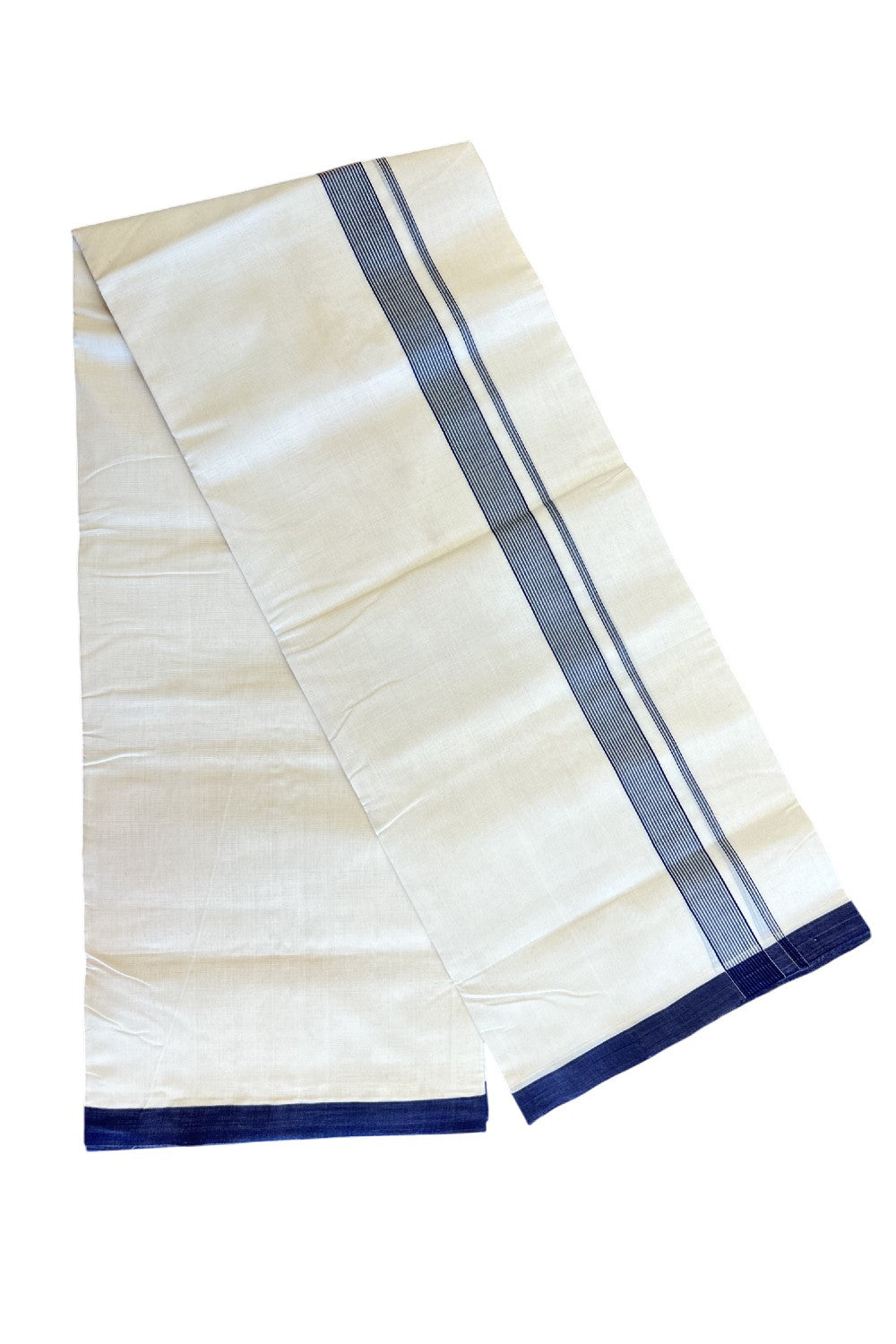 15% DISCOUNT!! KaithariKada HANDLOOM UNAKKUPAAV Balaramapuram - 100% PURE Cotton OFF White Double - (Unbleached) Mundu/Dothi - 1.75 inch Deep Blue Stripes Kara 4.5 Meters (10 Muzham) - 3KK5041SOM