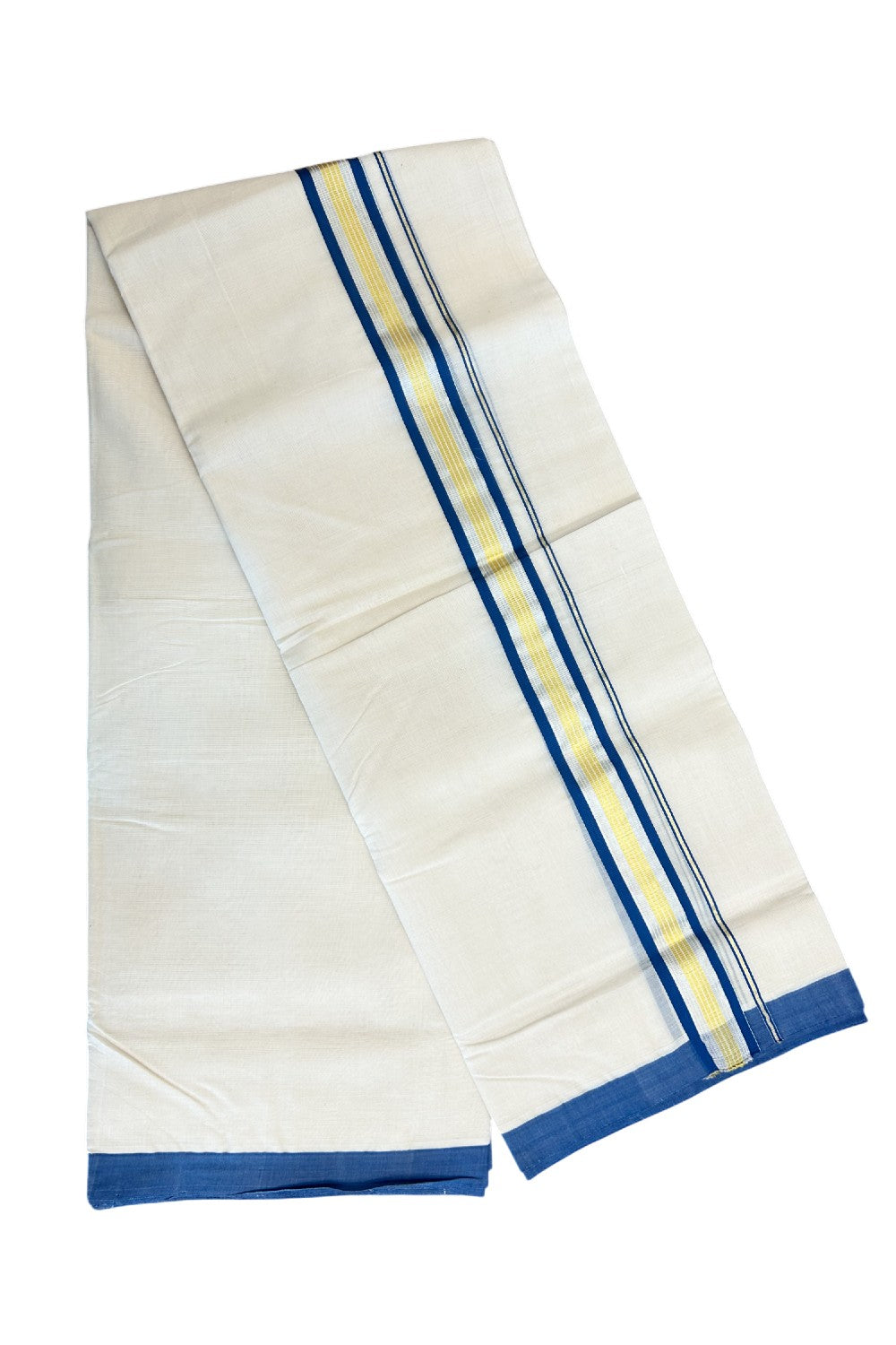 15% DISCOUNT! KaithariKada HANDLOOM Millpaav Balaramapuram - 100% PURE Cotton Off White (Unbleached) - 100x100 Double Mundu/Dhoti - 2.25 inch  Gold & Silver Kasavu Blue Stripes Kara-85