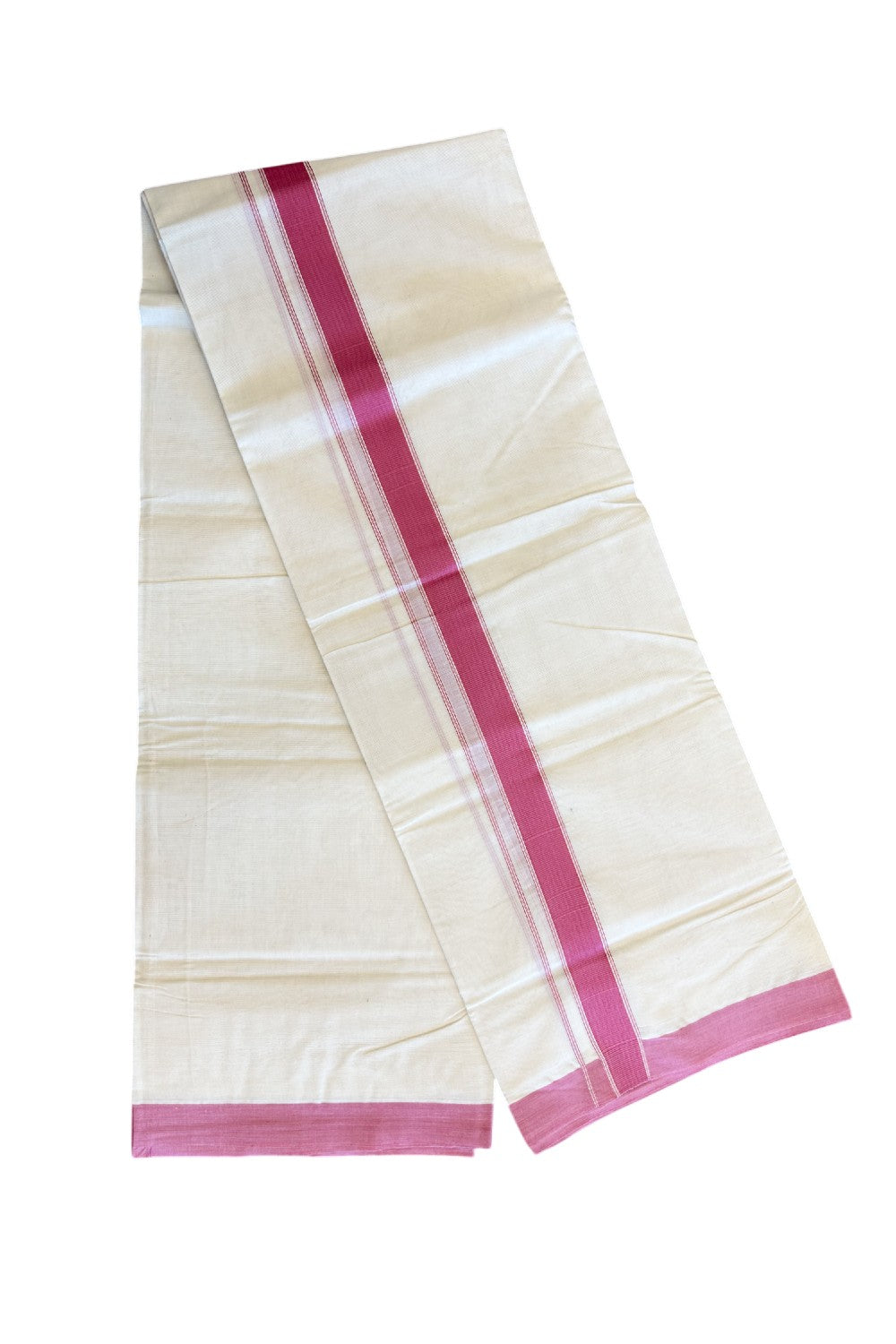 20% Discount !! KaithariKada Balaramapuram 100% Cotton Double Off white - (Unbleached) Mundu/Dhoti-100x80 - 1.75inch Dark Pink Kara 3.70 mtrs - 3KK5045ASH