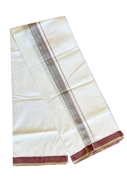 19% Disocunt! NEW PURE WHITE HANDLOOM UNAKKUPAAV Balaramapuram - 100% Cotton Double Pure White - Mundu/Dhoti - 100x100 2.25 inch Pista Green & Maroon Silver Kasavu Striped Kara 3.87 mtrs - 3KK5047REA