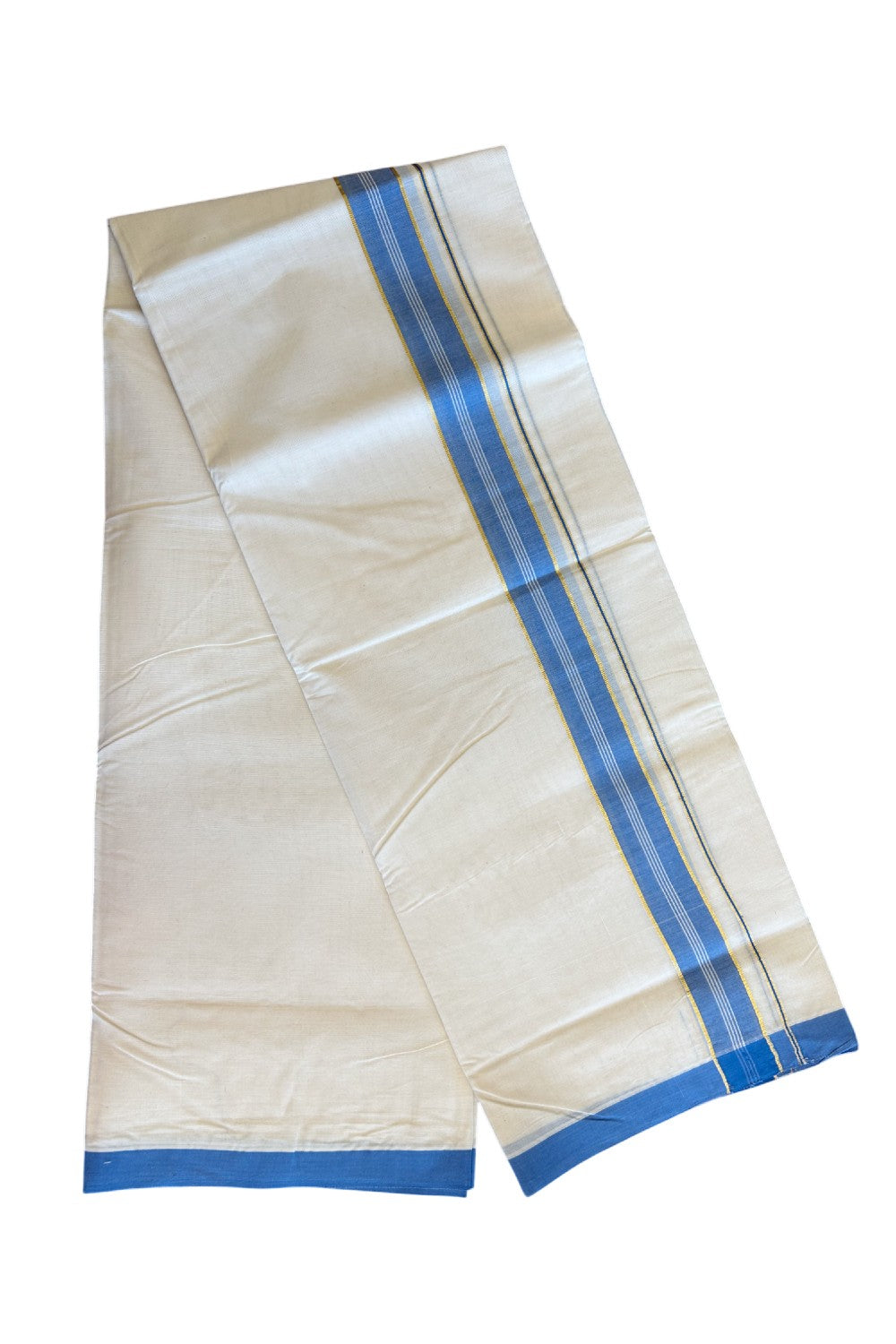 2% Discount KaithariKada Balaramapuram 100% Cotton Double Off white - (Unbleached) - Mundu/Dhoti - 100x100 - 2.5 inch Kasavu & Electric Blue Kara - 119