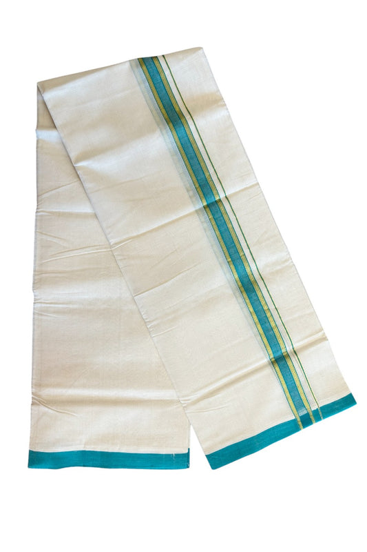 15% DISCOUNT! KaithariKada BALARAMAPURAM HANDLOOM UNAKKUPAAV - 100% PURE Cotton off white (Unbleached) Double Mundu/Dhoti - 1.5 inch  Kasavu & Turquoise Blue Kara-60