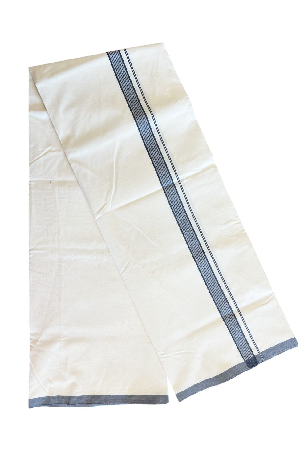 19% DISCOUNT ! KaithariKada Balaramapuram 100% COTTON SINGLE OFF WHITE - (Unbleached) Mundu/Dhoti-Twisted 100s Thread- 3.5cm GRAY Striped Kara- 3KK5055ASH