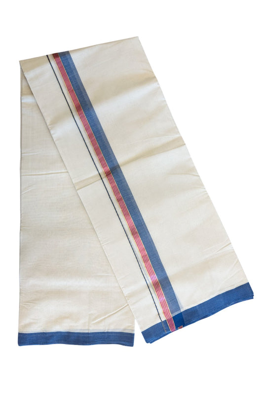 19% DISCOUNT!! KaithariKada HANDLOOM Millpaav Balaramapuram - 100% PURE Cotton OFF White Double - (Unbleached) Mundu/Dothi - 1.75 Inch Blue & Magenta Gold Kasav Striped Kara - 3KK5056RAM