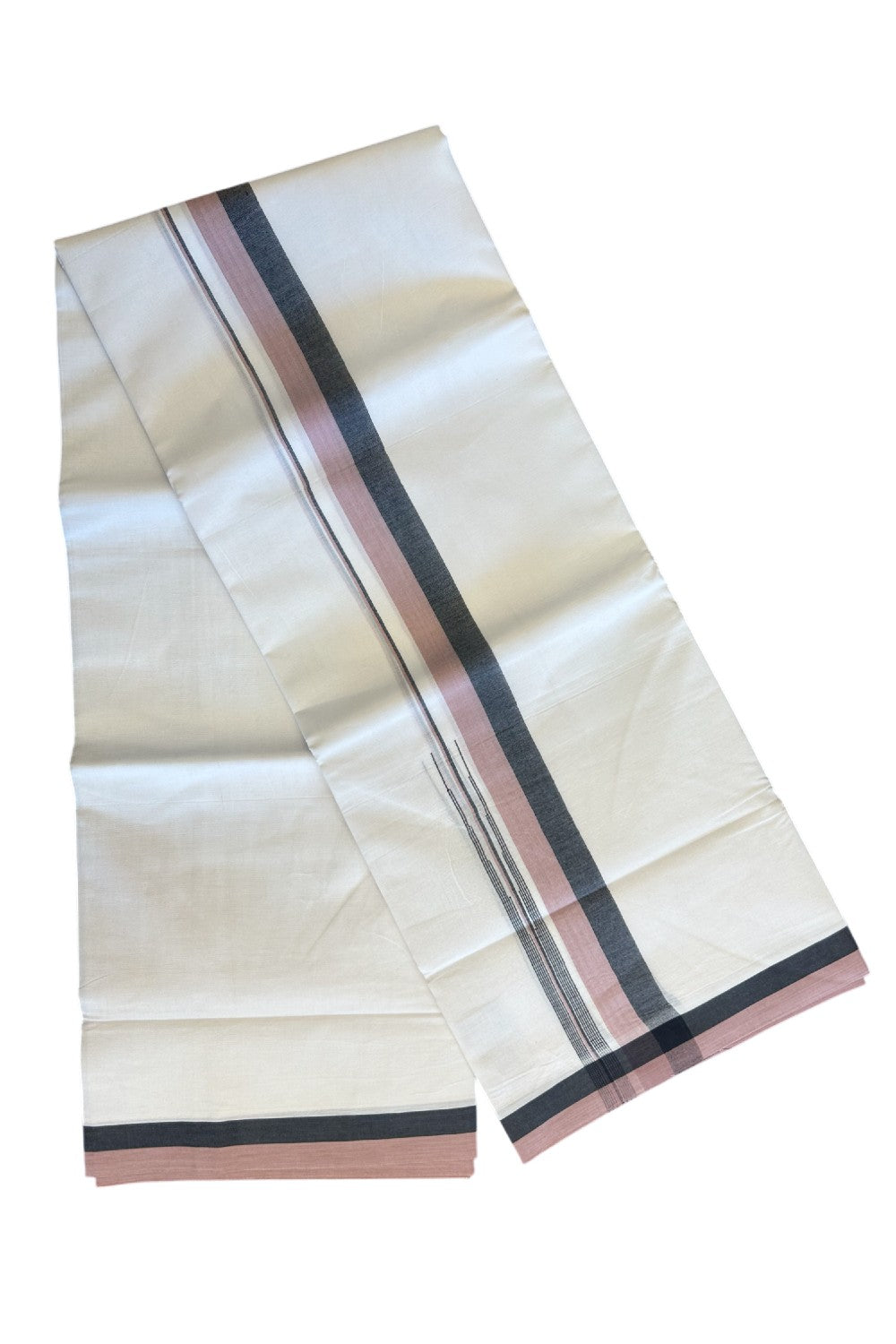 19% Discount!!! KaithariKada Balaramapuram  PURE WHITE Double Mundu/Dhoti - 80X90 - 2 inch Black & Dusty Rose  puliyilakkara striped chutty kara 3.85 meters - 3KK5058GUN