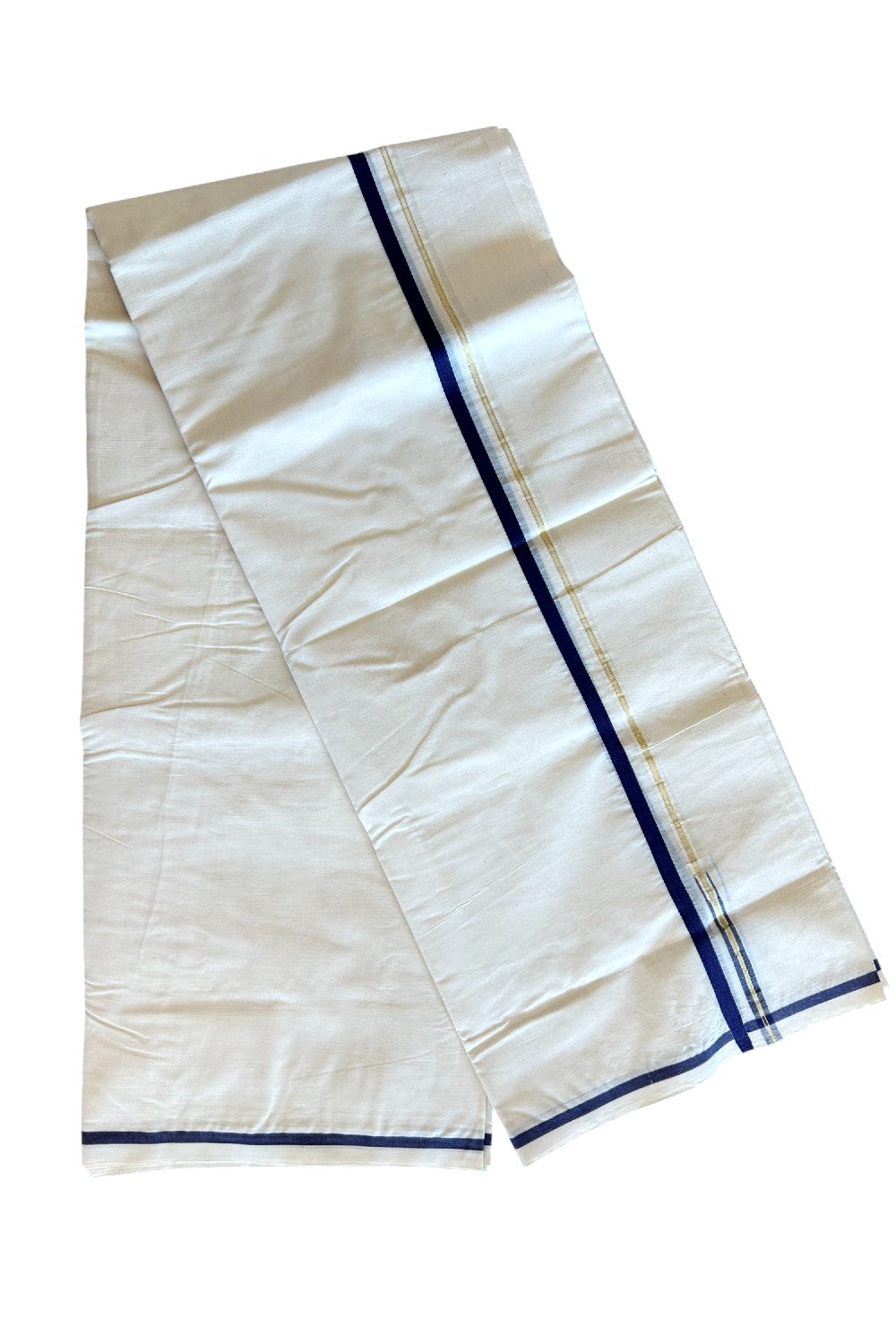 14% Discount!!! KaithariKada Balaramapuram 100% Cotton off white (Unbleached) Double Mundu/Dhoti-100x100  1.cm Navy Blue & Kasavu Chutty - 3KK5063KK