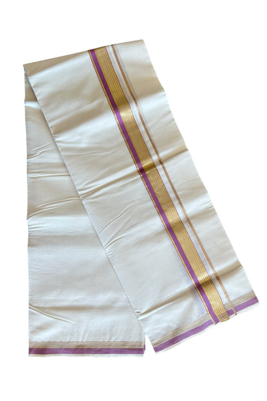 10% DISCOUNT! KaithariKada Balaramapuram Handloom 100% Cotton Double Off white (Unbleached) Mundu/Dhoti-100X100- 2 inch Gold Kasavu & violet  Kara-12.