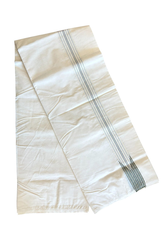 21% DISCOUNT ! KaithariKada 100% Cotton OFF WHITE Double - (Unbleached) Dhoti/Mundu- 12 Line Puliyilakkara Chutty Dark Sage Green & Kasavu Stripes - 1KK134ASH