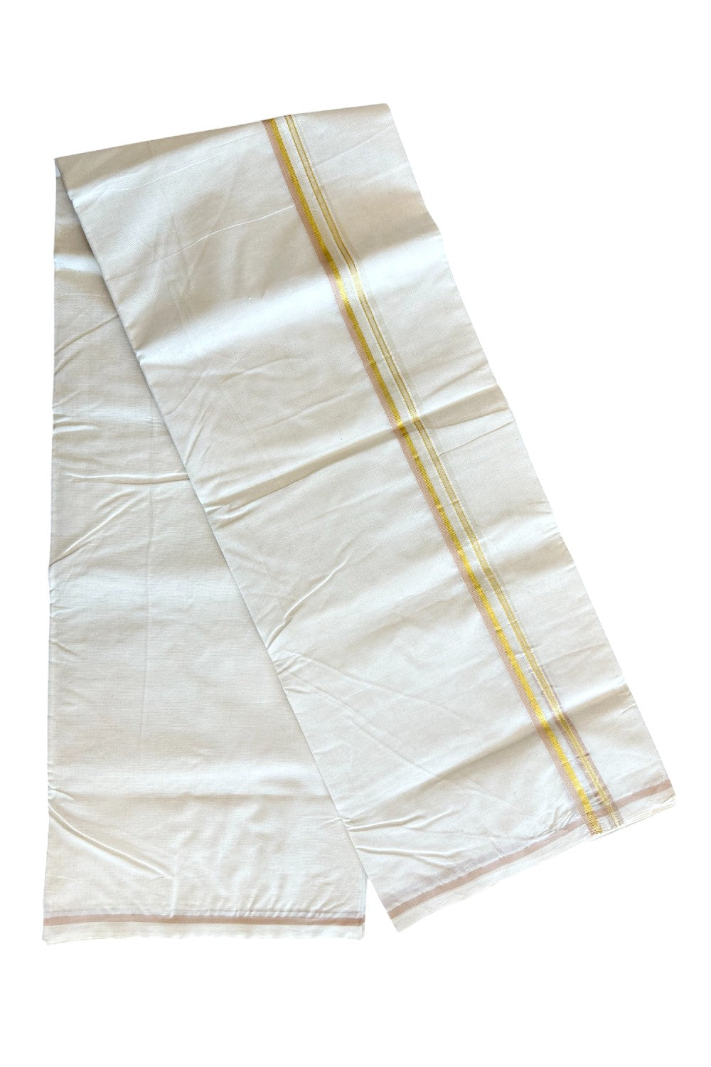 10% OFFER ! KaithariKada Balaramapuram 100% Cotton Double OFF WHITE (Unbleached) - Mundu/Dhoti-100x100 Kasavu Chutty Sand Brown & Kasavu Border- 4KK429ASH