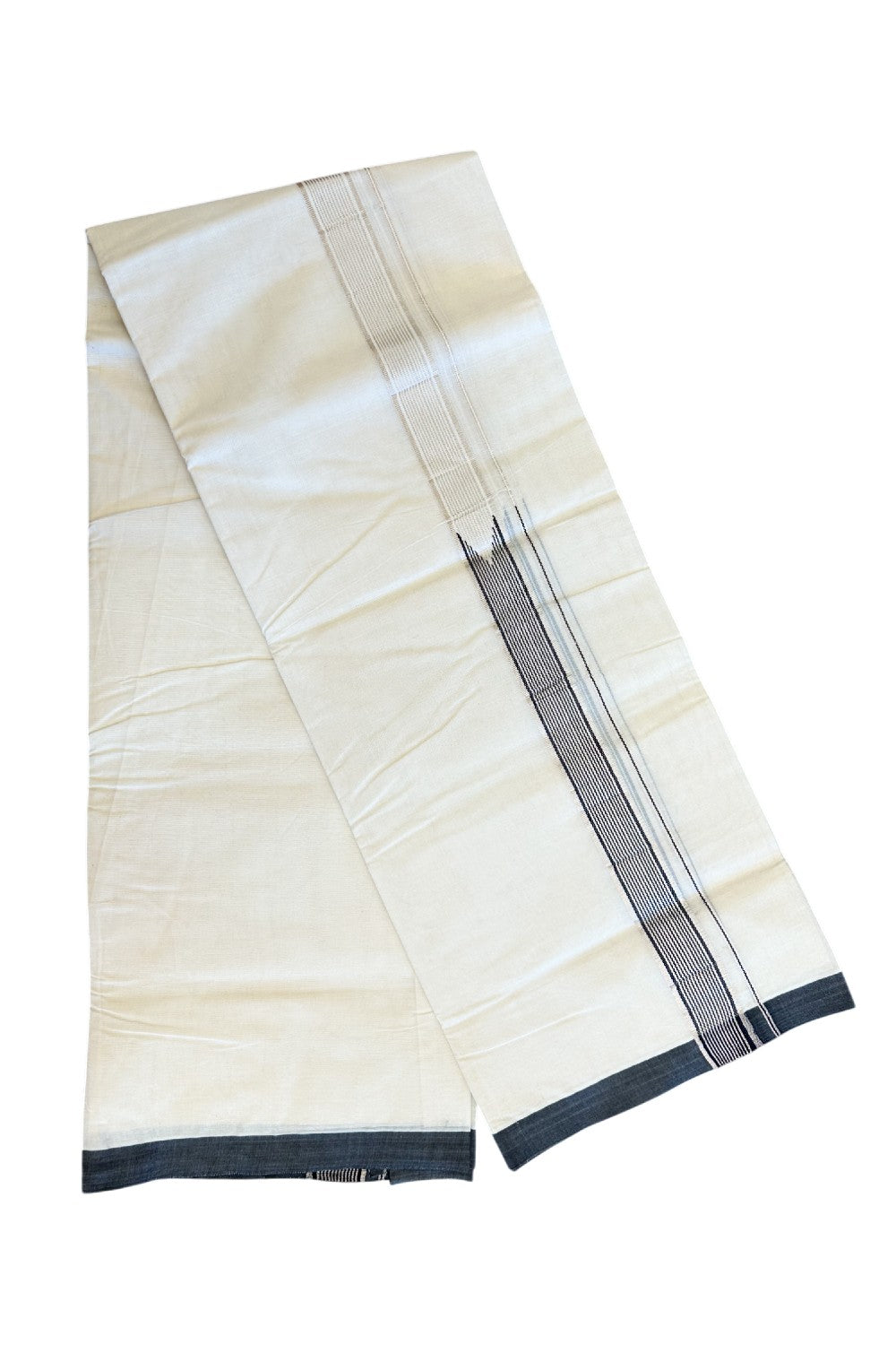 19% Discount !! KaithariKada Balaramapuram 100% Cotton Double Off White - (Unbleached) Mundu/Dhoti-100x100 1.5 inch Heavy Chutty Silver Kasavu & Black Striped kara - 7KK5055ASH