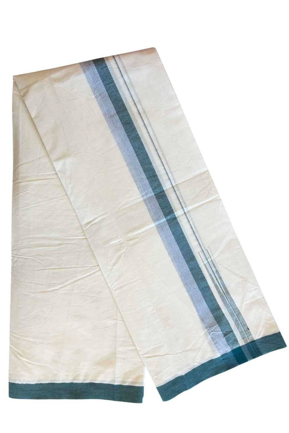 5% Discount!!! KaithariKada Balaramapuram  Double Off white - (Unbleached) Mundu/Dhoti - 80X90 - 1.75 inch Green & Blue Shaded puliyilakkara striped chutty - 3KK5077KAI