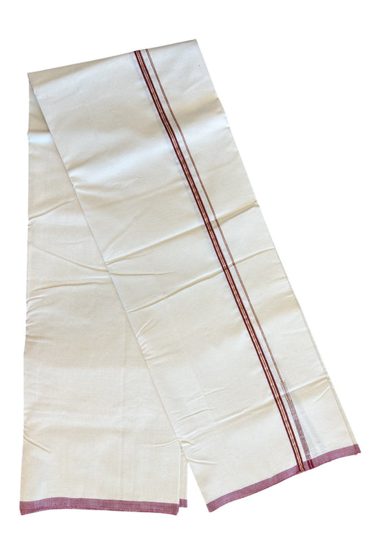 SIGNATURE KAITHARIKADA EXCLUSIVE SINGLE DHOTI - 100% Cotton Balaramapuram HANDLOOM Single Mundu/Dhoti - Off White - (Unbleached) 1 cm Maroon & KASAVU Striped Chutty Kara- 3KK5078KAI