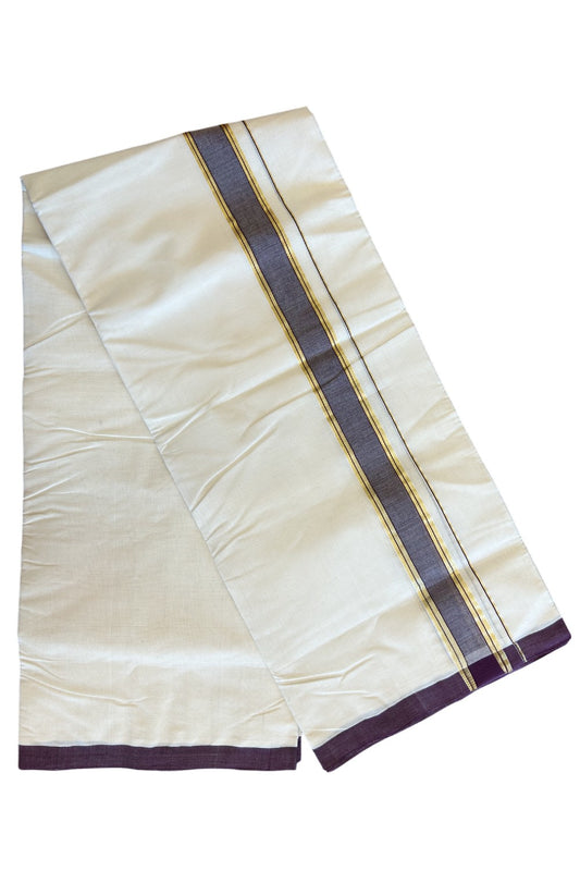 19% Discount !! KaithariKada HANDLOOM millpaav Balaramapuram - 100% PURE Cotton OFF White Double - (Unbleached)  Mundu/Dothi - 2.25  inch Kasavu Dark wine Kara 4.5 Meters (10 Muzham) - 3KK5081RAM