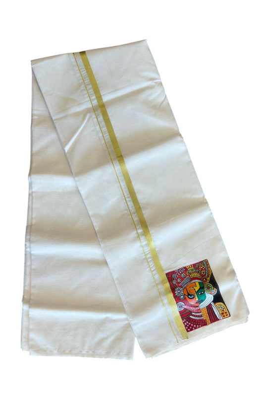 KaithariKada Balaramapuram 100% Cotton Double Off white - (Ubleached) Mundu/Dhoti-100x80 1 inch Kasavu Hand Painted Theyyam & Kadhakali Design Kara 3.70 meter- 3KK5083ASH