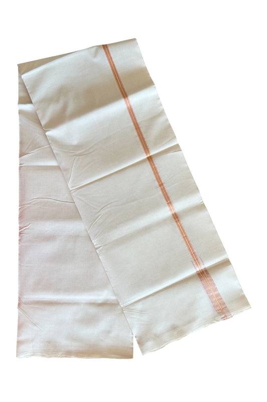 19% DISCOUNT!! KaithariKada HANDLOOM UNAKKUPAAV Balaramapuram - 100% PURE Cotton OFF White - (Unbleached) Double Mundu/Dothi - 1.5 cm Puliyilakkara silver kasavu & Orange Striped chutty - 3KK5089YAR